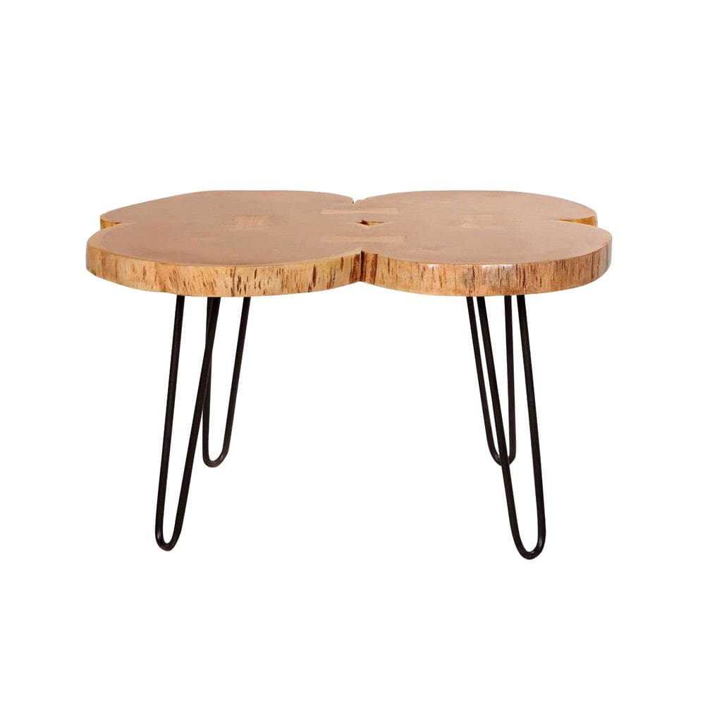 29 Inch Acacia Wood Coffee Table Live Edge Quatrefoil Top Iron Hairpin Legs Brown and Black By The Urban Port UPT-266380