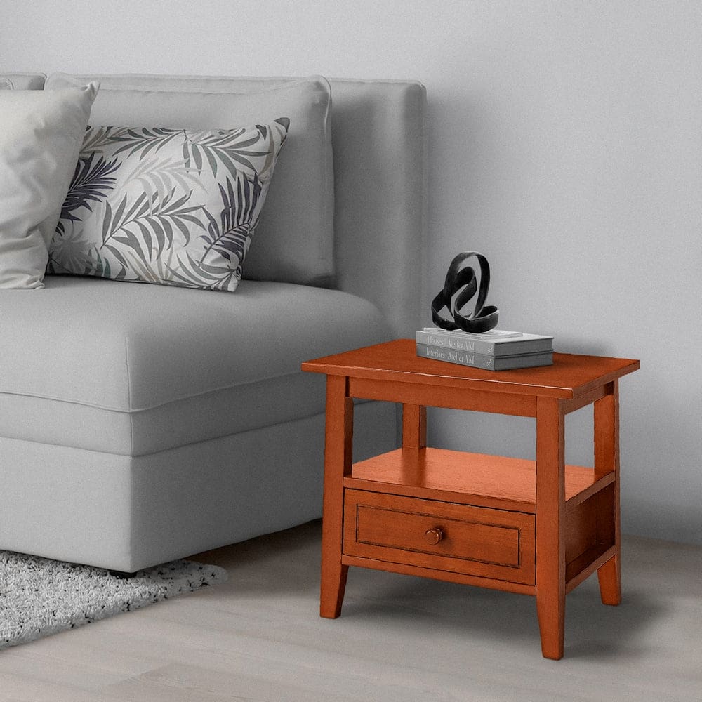 Wooden Rectangular End Table with 1 Drawer, Honey Brown By The Urban Port