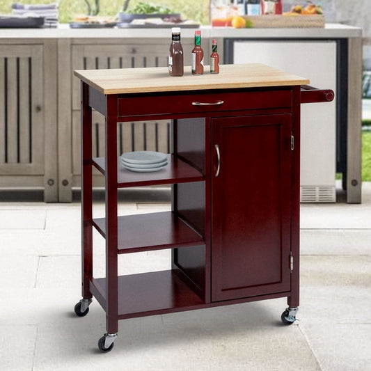 Wooden Rectangular Kitchen Cart with 1 Door and Open Compartments, Espresso Brown By The Urban Port