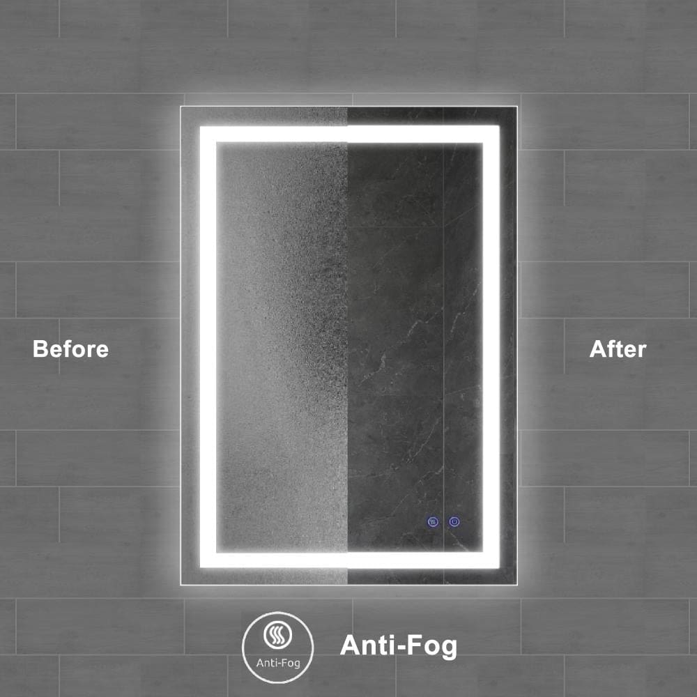 24 x 36 Inch Frameless LED Illuminated Bathroom Wall Mirror Touch Button Defogger Rectangular Metal Silver By The Urban Port UPT-266395