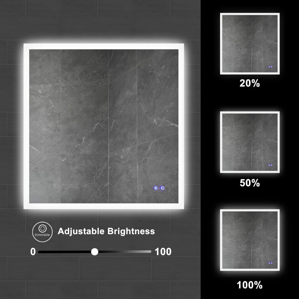 36 x 36 Inch Frameless LED Illuminated Bathroom Wall Mirror Touch Button Defogger Square Silver By The Urban Port UPT-266397