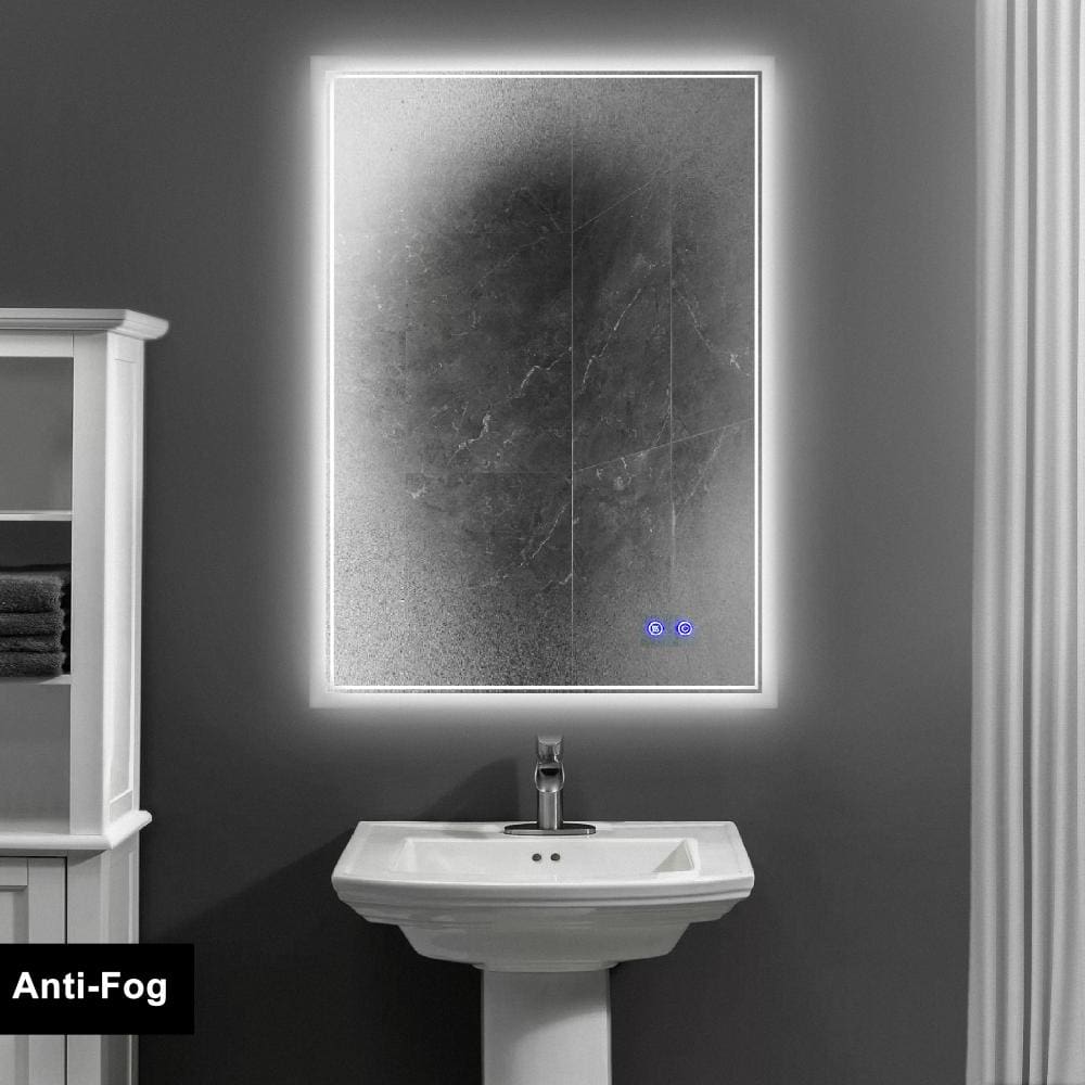 24 x 36 Inch Frameless LED Illuminated Bathroom Wall Mirror Touch Button Defogger Metal Silver By The Urban Port UPT-266398