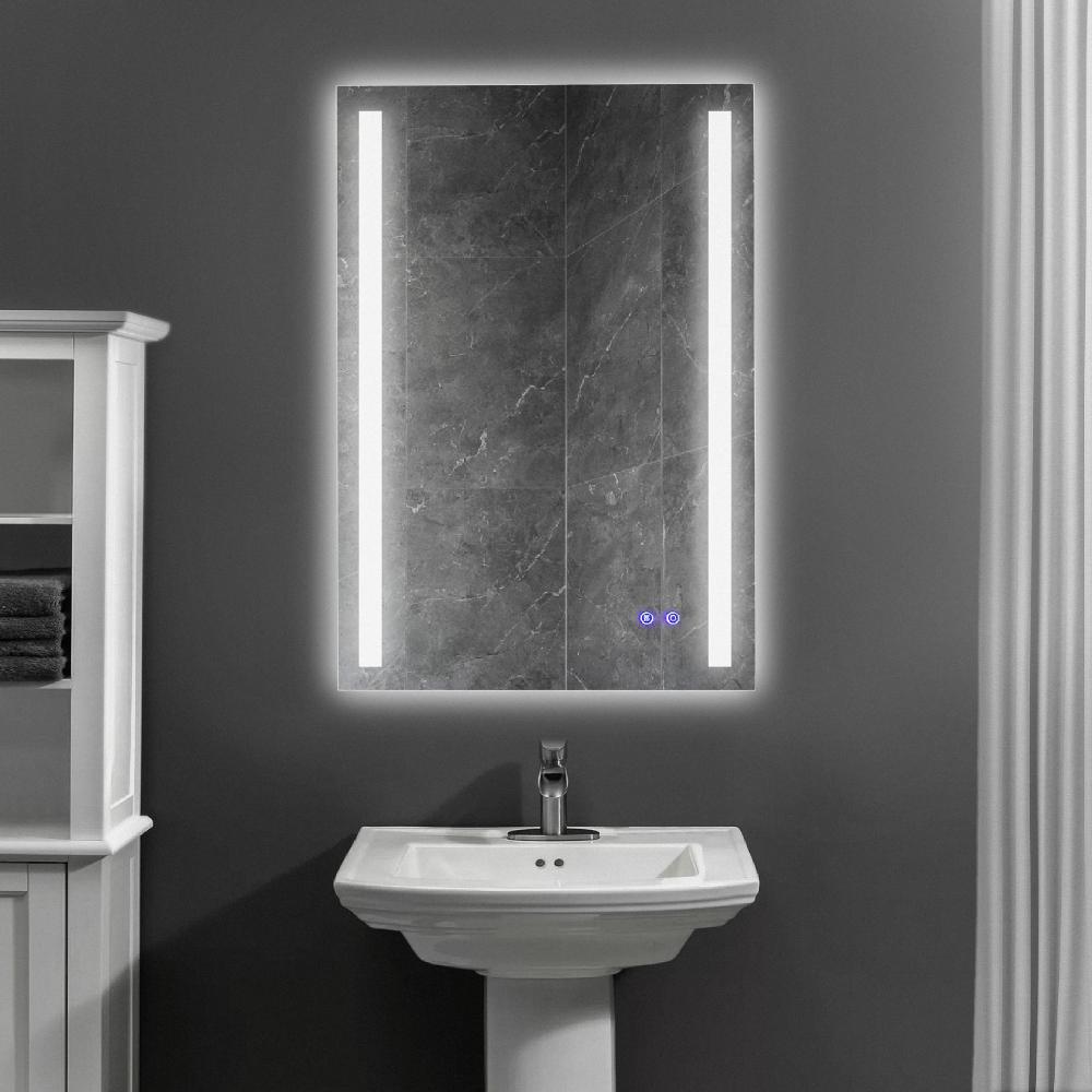 24 x 36 Inch Frameless LED Illuminated Bathroom Mirror Touch Button Defogger Metal Vertical Stripes Design Silver By The Urban Port 