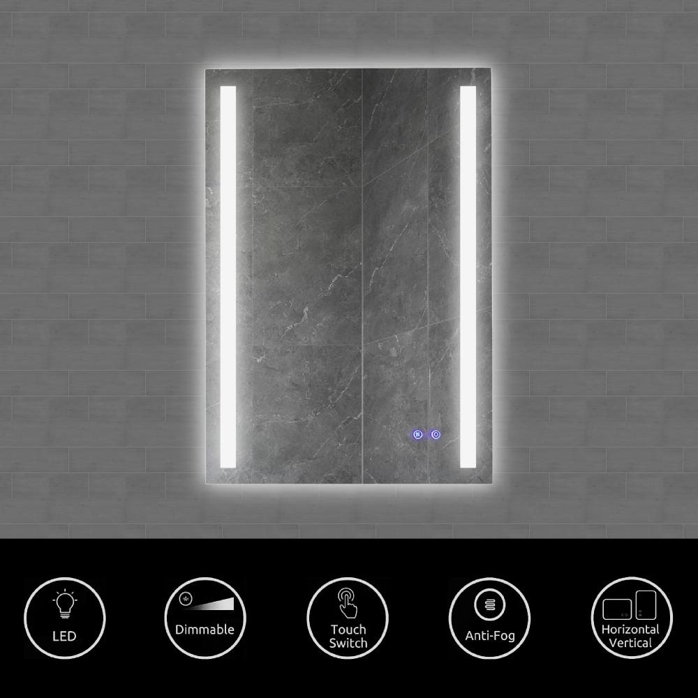 24 x 36 Inch Frameless LED Illuminated Bathroom Mirror Touch Button Defogger Metal Vertical Stripes Design Silver By The Urban Port 