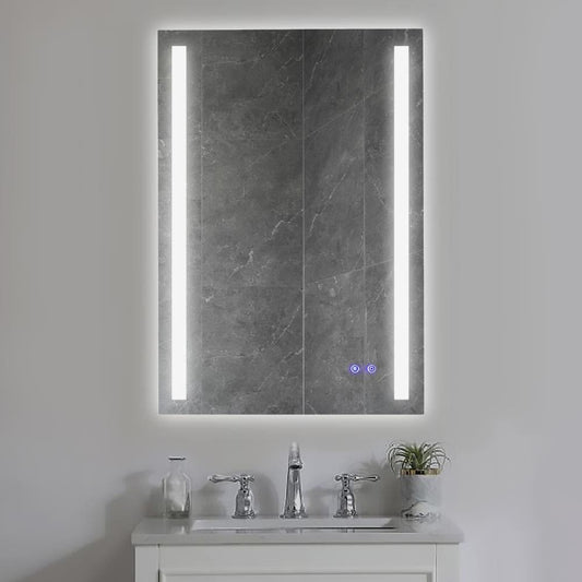 24 x 36 Inch Frameless LED Illuminated Bathroom Mirror, Touch Button Defogger, Metal, Vertical Stripes Design, Silver By The Urban Port