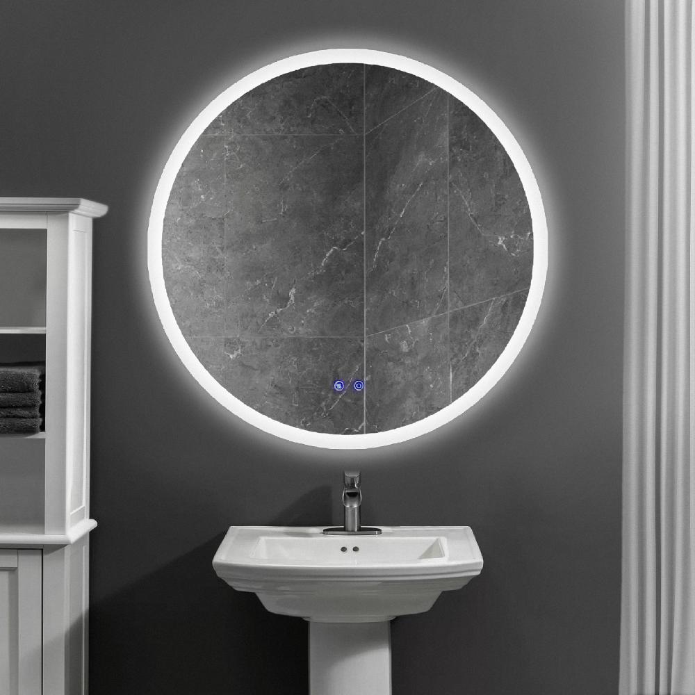 32 x 32 Inch Round Frameless LED Illuminated Bathroom Mirror Touch Button Defogger Metal Silver By The Urban Port UPT-266400
