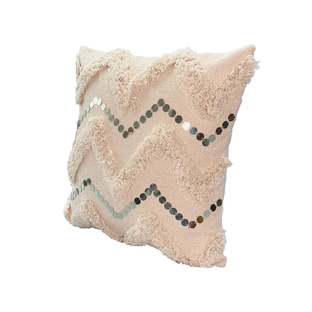 18 x 18 Square Cotton Accent Throw Pillow, Handcrafted Chevron Patchwork, Sequins, Cream By The Urban Port