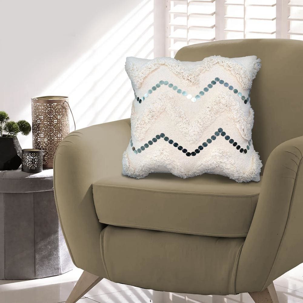 18 x 18 Square Cotton Accent Throw Pillow Handcrafted Chevron Patchwork Sequins Cream By The Urban Port UPT-268954