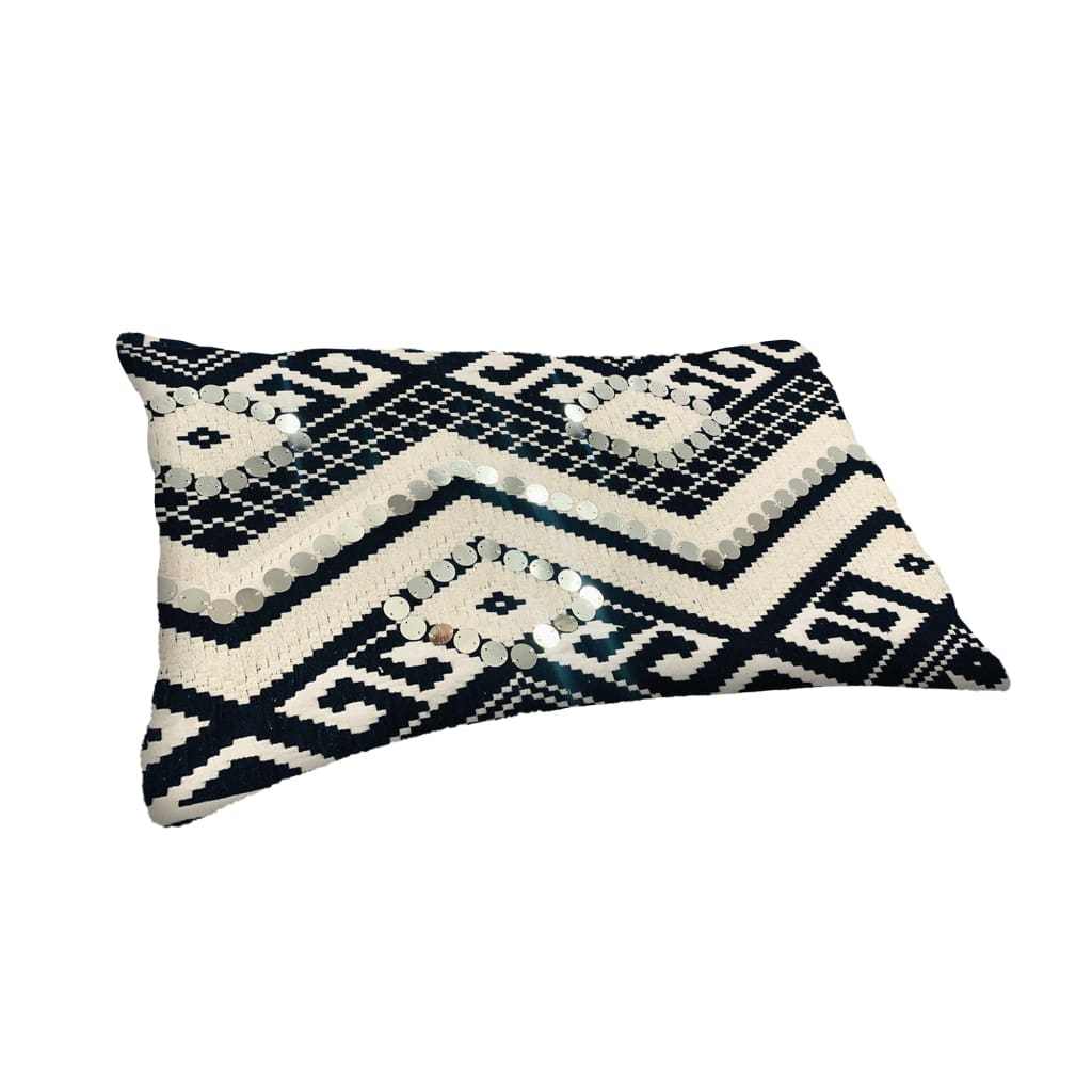 12 x 20 Rectangular Cotton Accent Lumbar Pillow, Classic Aztec Pattern, White, Black By The Urban Port