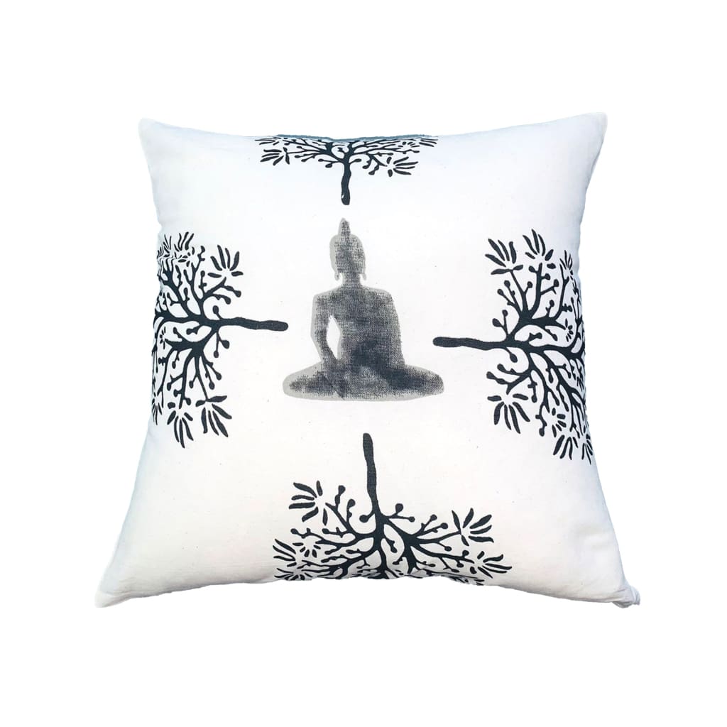 18 x 18 Square Accent Throw Pillow, Knife Edge, Meditating Buddha, Soft Polyester Filling, Gray, White By The Urban Port