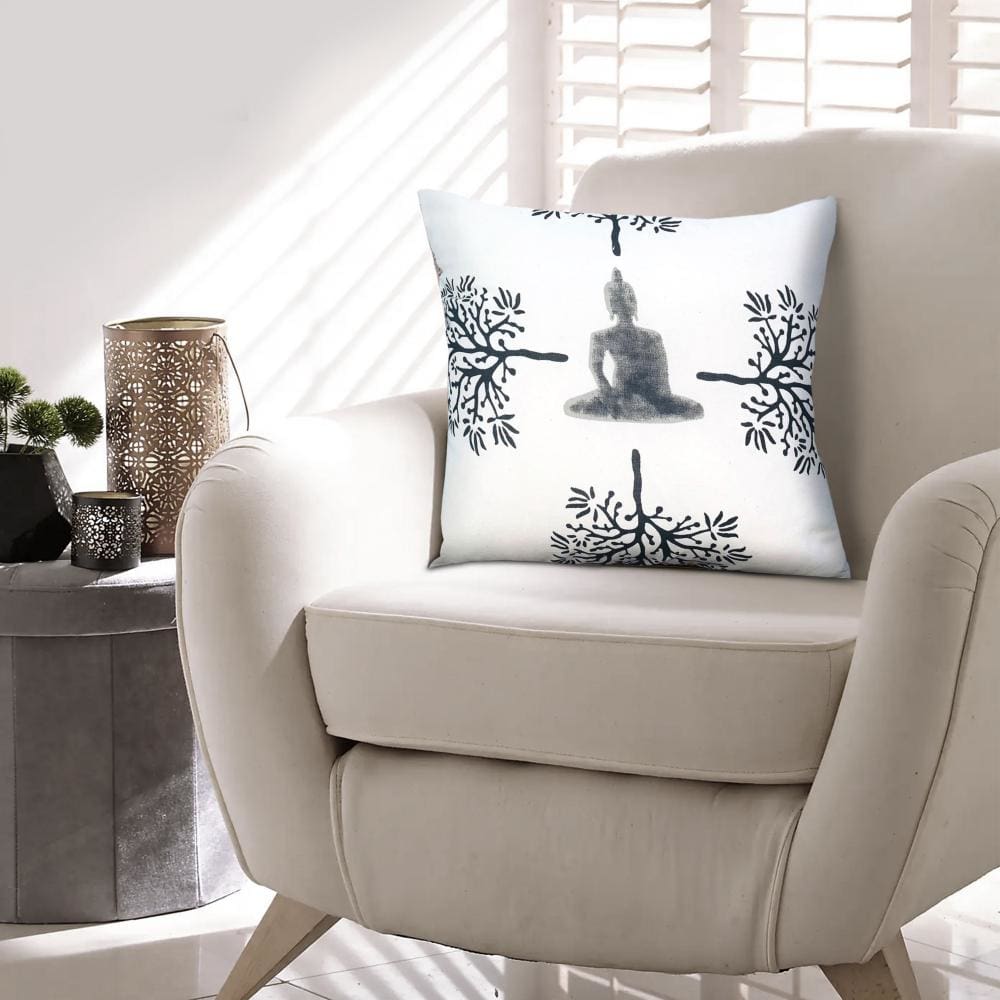 18 x 18 Square Accent Throw Pillow Knife Edge Meditating Buddha Soft Polyester Filling Gray White By The Urban Port UPT-268962
