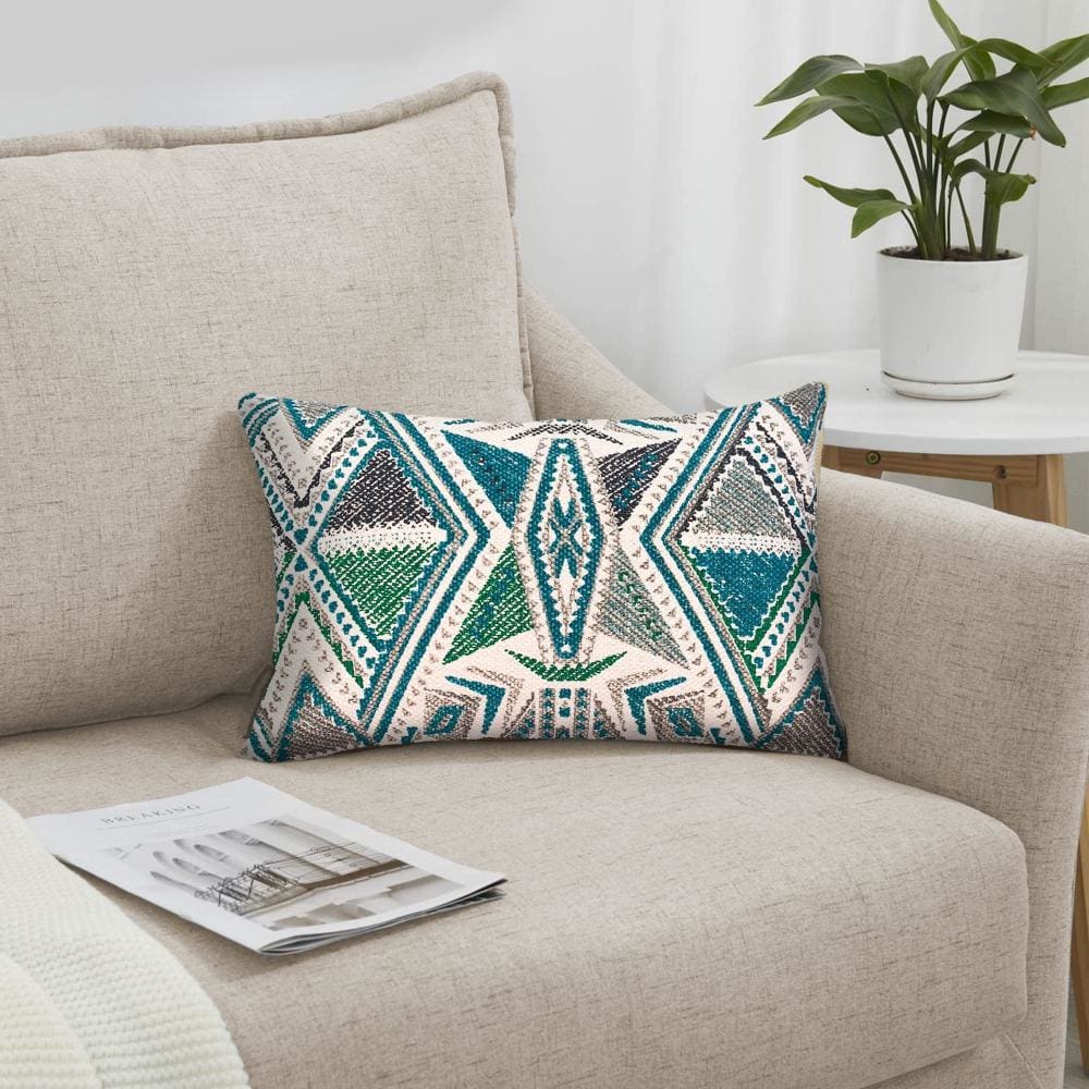 12 x 20 Modern Accent Pillow Knife Edge Soft Cotton Cover Geometric Teal Blue Beige Gray By The Urban Port UPT-268966