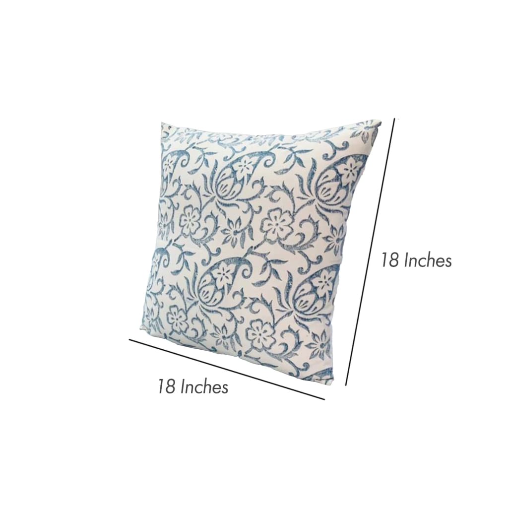 18 x 18 Square Accent Pillow Paisley Floral Pattern Soft Cotton Cover Soft Polyester Filling Blue White By The Urban Port UPT-268969