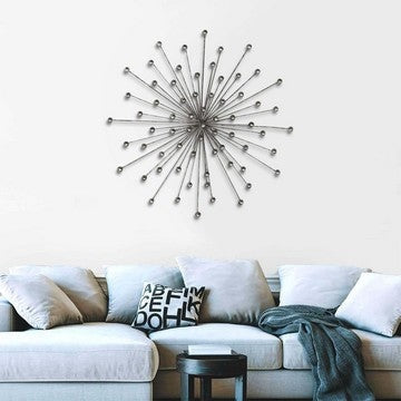 28 Inch Round Iron Sunburst Wall Decor, Spokes, Ball Accent, Silver By The Urban Port