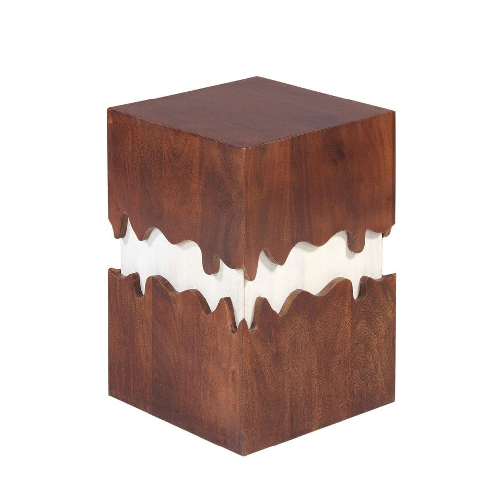 Allen 21 Inch Wooden End Table with Square Top and Dripping Abstract Design Brown and Off White By The Urban Port UPT-270550