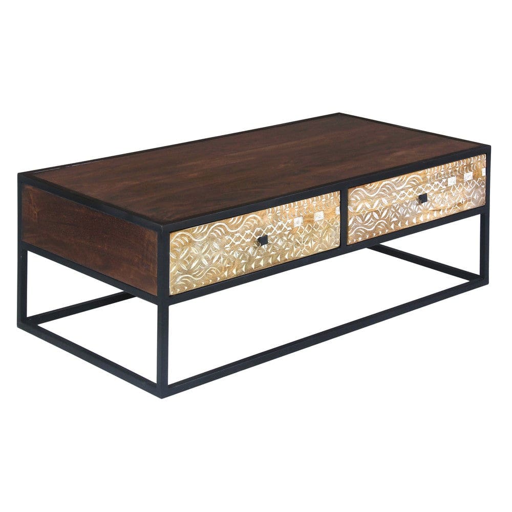 45 Inch Carson Rectangular Mango Wood Coffee Table with Metal Frame and 2 Drawers Brown and Black By The Urban Port UPT-270555