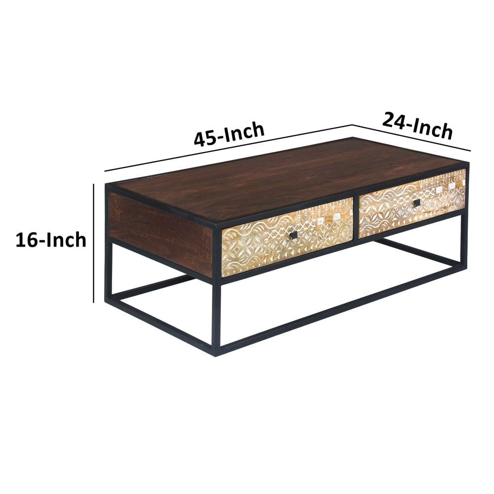 45 Inch Carson Rectangular Mango Wood Coffee Table with Metal Frame and 2 Drawers Brown and Black By The Urban Port UPT-270555