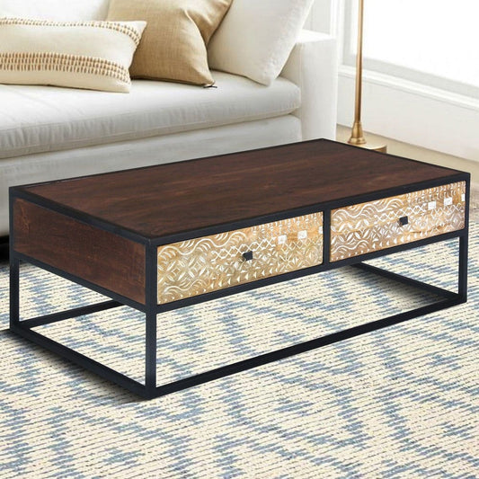 45 Inch Carson Rectangular Mango Wood Coffee Table with Metal Frame and 2 Drawers, Brown and Black By The Urban Port