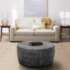 33 Inch Wooden Round Drum Coffee Table with Geometric Carved Pattern, Gray By The Urban Port
