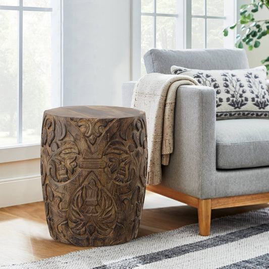 14 Inch Round End Table with Damask Carved Pattern and Wooden Frame, Walnut Brown By The Urban Port