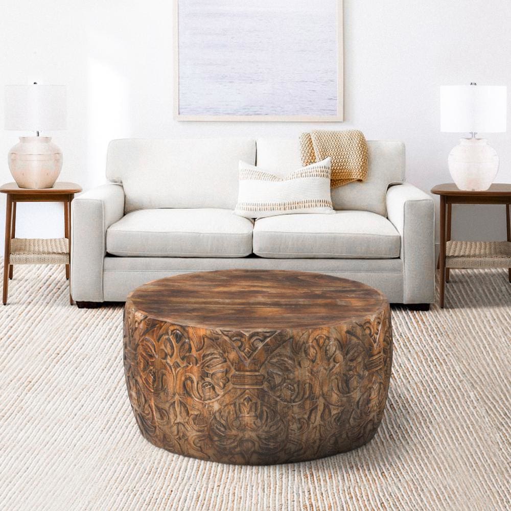 33 Inch Round Coffee Table with Damask Carved Pattern and Wooden Frame, Walnut Brown By The Urban Port