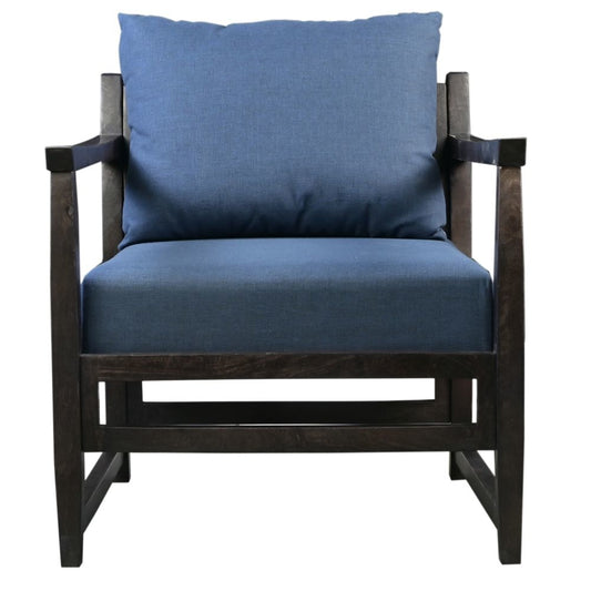 Malibu 27 Inch Handcrafted Mango Wood Accent Chair, Fabric, Pillow Back, Open Frame, Blue, Black By The Urban Port