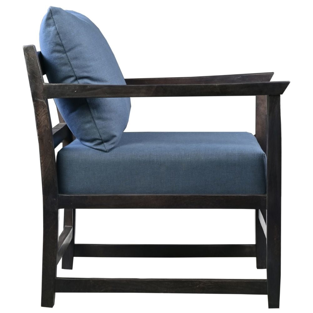 Malibu 27 Inch Handcrafted Mango Wood Accent Chair Fabric Pillow Back Open Frame Blue Black By The Urban Port UPT-270563