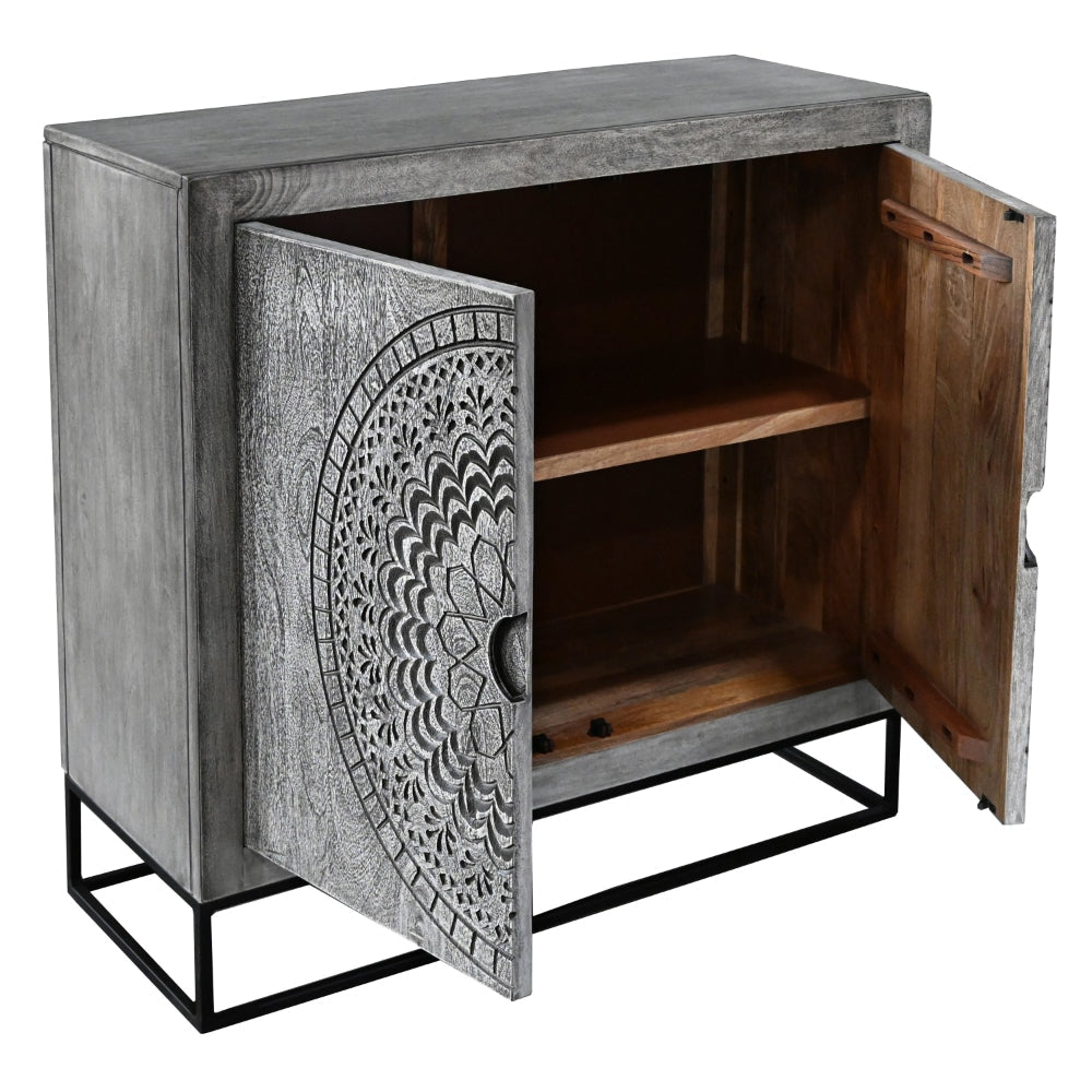 39 Inch Handcrafted Accent Cabinet with 2 Doors Medallion Engraved Sandblasted Gray Mango Wood Black Iron Framed Stand By The Urban Port
