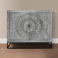 39 Inch Handcrafted Accent Cabinet with 2 Doors Medallion Engraved Sandblasted Gray Mango Wood Black Iron Framed Stand By The Urban Port