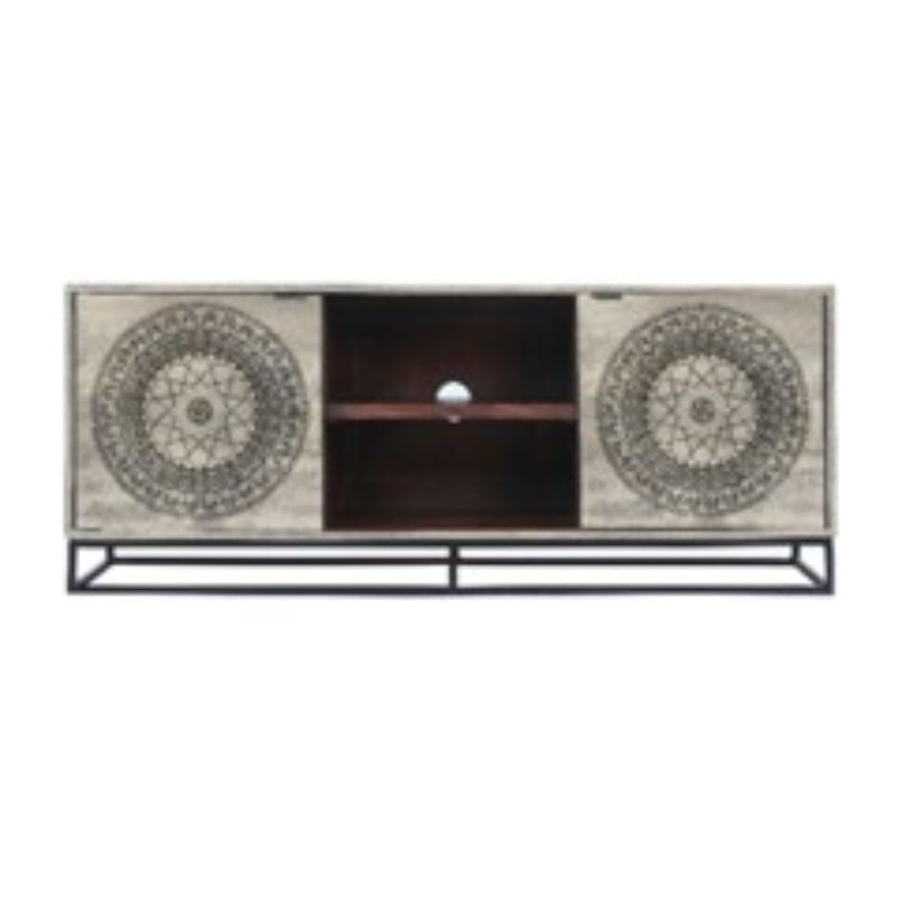 63 Inch Handcrafted TV Media Entertainment Console 2 Medallion Engraved Doors Sandblasted Gray Mango Wood Black Iron Stand By The Urban Port