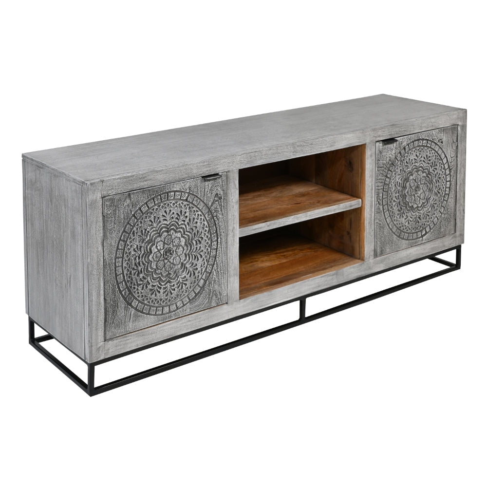 63 Inch Handcrafted TV Media Entertainment Console 2 Medallion Engraved Doors Sandblasted Gray Mango Wood Black Iron Stand By The Urban Port