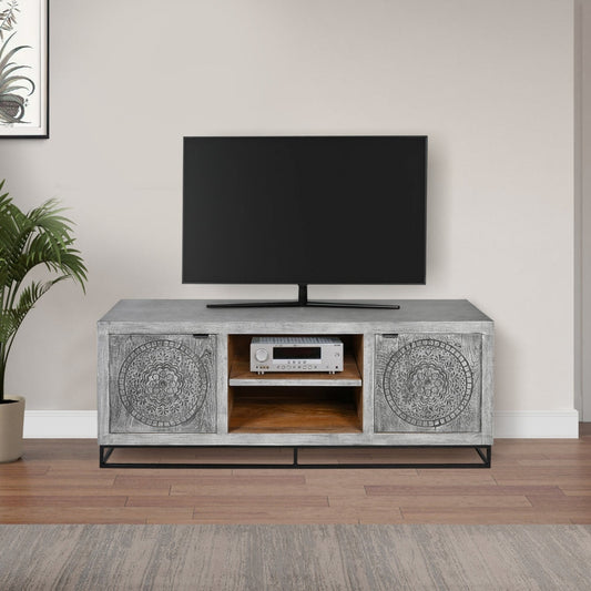63 Inch Handcrafted TV Media Entertainment Console, 2 Medallion Engraved Doors, Sandblasted Gray Mango Wood, Black Iron Stand By The Urban Port