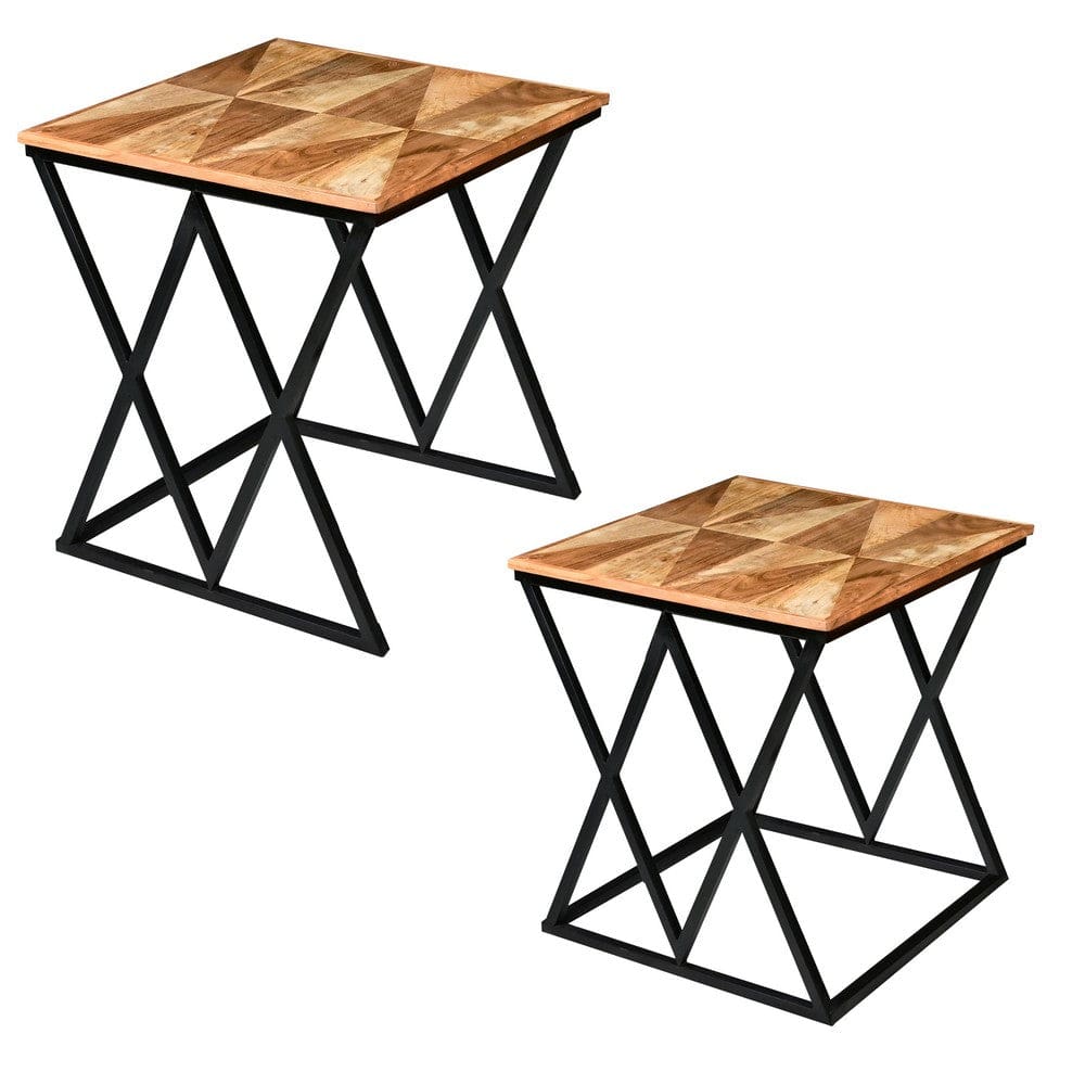 Madeline 25 23 Inch Square 2 Piece Nesting End Table Set Wood Top Iron Frame Brown and Black By The Urban Port UPT-271298