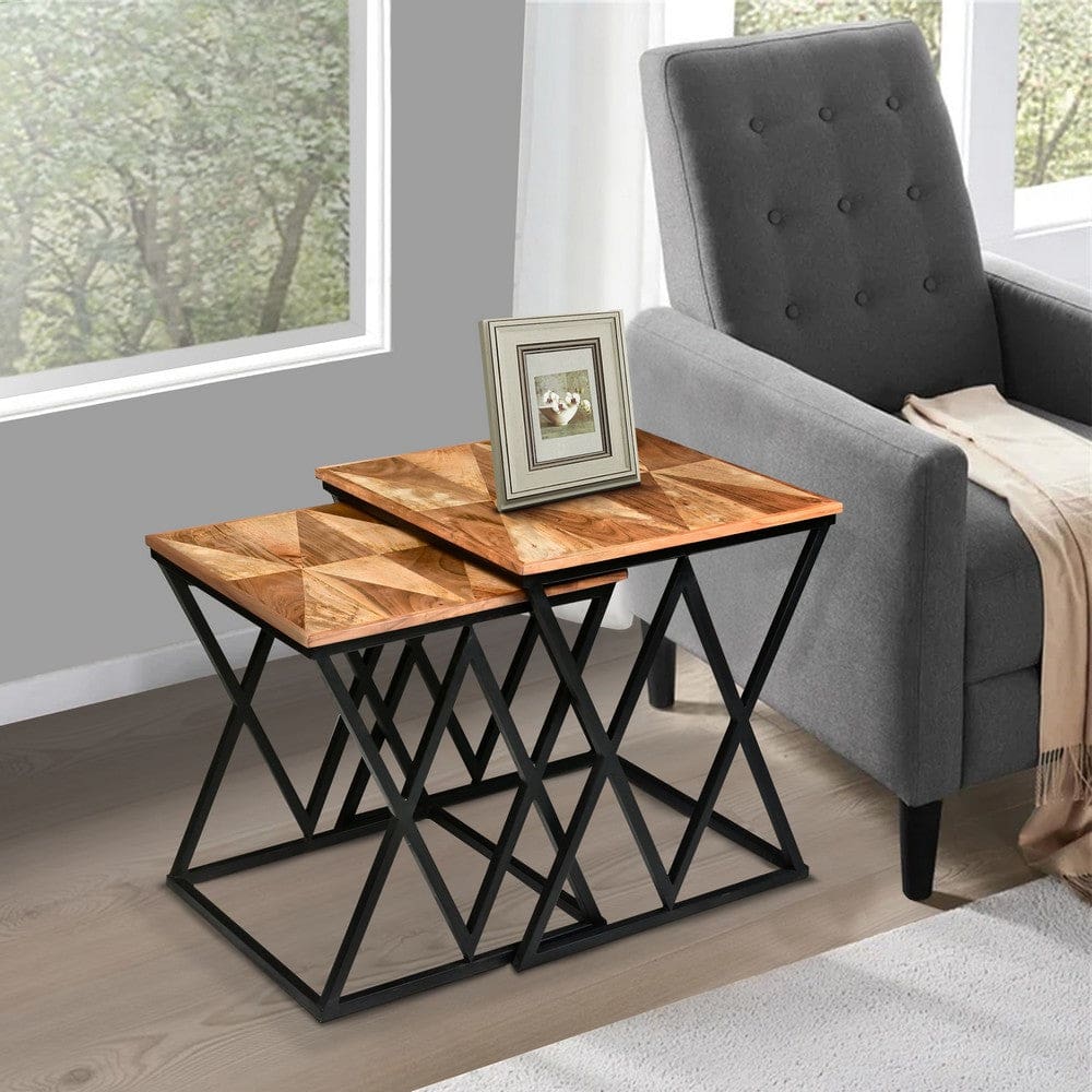 Madeline 25 23 Inch Square 2 Piece Nesting End Table Set Wood Top Iron Frame Brown and Black By The Urban Port UPT-271298