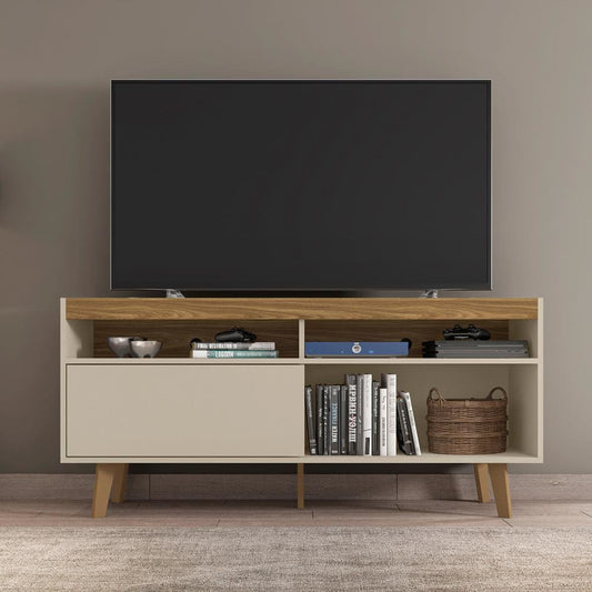 54 Inch Wooden TV Stand with 1 Sliding Door and 3 Compartments, Brown and Off White By The Urban Port