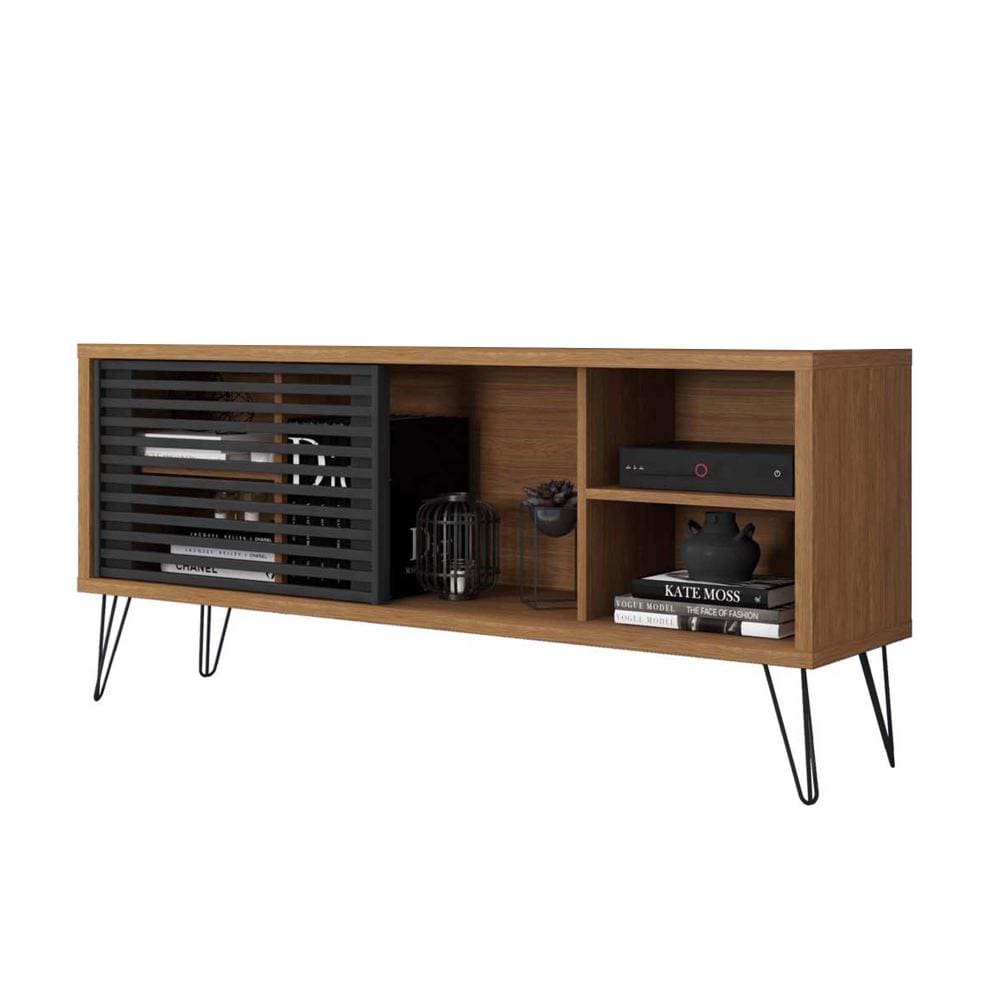 Arthur 54 Inch Wooden TV Stand with 1 Sliding Door Walnut Brown and Black By The Urban Port UPT-271305