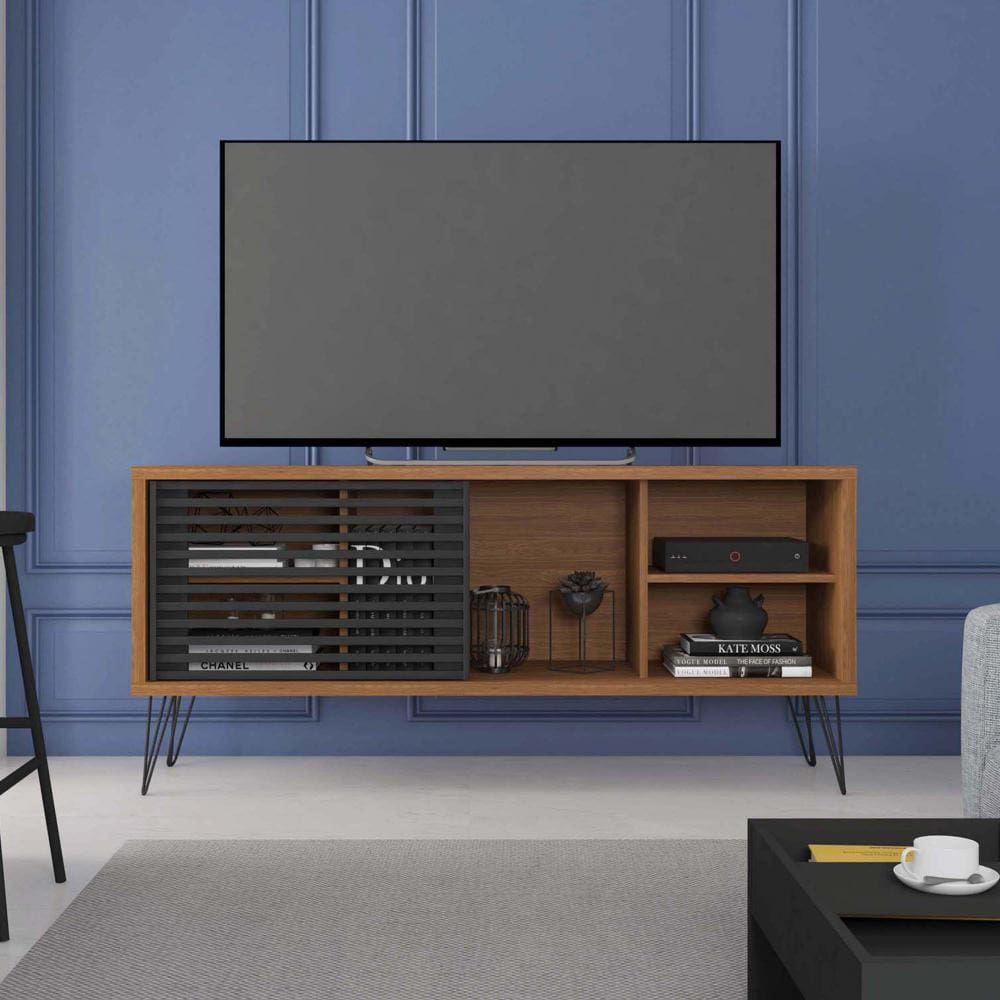 Arthur 54 Inch Wooden TV Stand with 1 Sliding Door, Walnut Brown and Black By The Urban Port