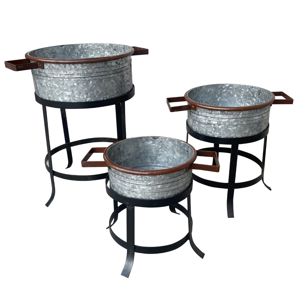 21 18 and 16 Inch 3 Piece Round Tub Metal Planter Set with Stand in Galvanized Gray and Black Iron By The Urban Port UPT-271316