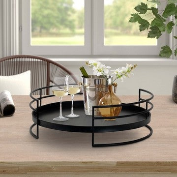15 Inch Industrial Round Server Tray with Handle, Black Iron Frame By The Urban Port