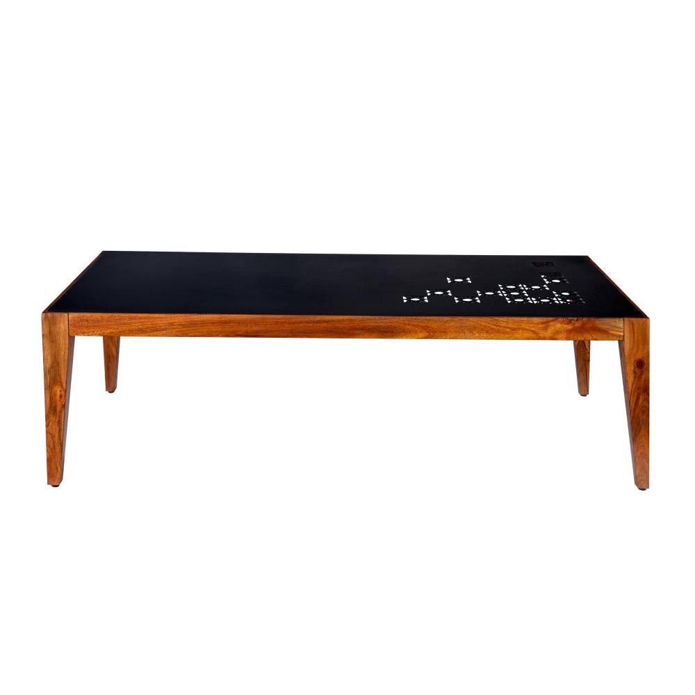Alba 47 Inch Rectangular Metal Top Coffee Table with Laser Cut Design Black and Brown By The Urban Port UPT-272003