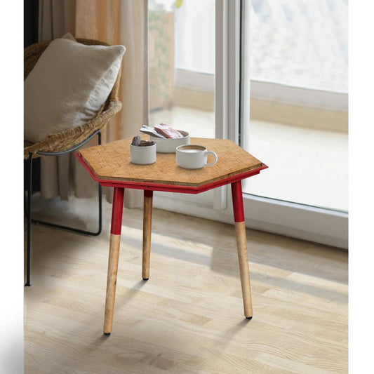 Paige 18 Inch Hexagon Illusion Wood Side Table, Brown, Red By The Urban Port