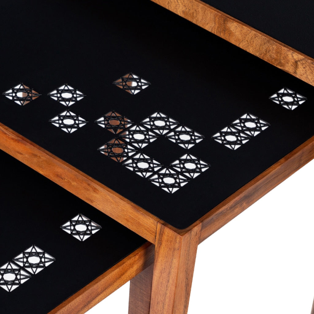 Alba 22 Inch 3 Piece Nesting Table Set Laser Cut Metal Black Brown By The Urban Port UPT-272006