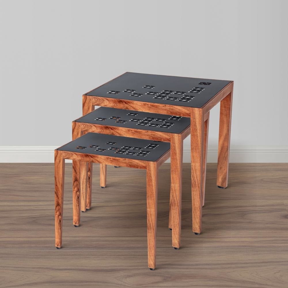 Alba 22 Inch 3 Piece Nesting Table Set Laser Cut Metal Black Brown By The Urban Port UPT-272006