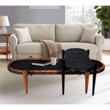 50, 39 Inch 2 Piece Oval Acacia Wood and Metal Nesting Coffee Table Set, Brown and Black By The Urban Port