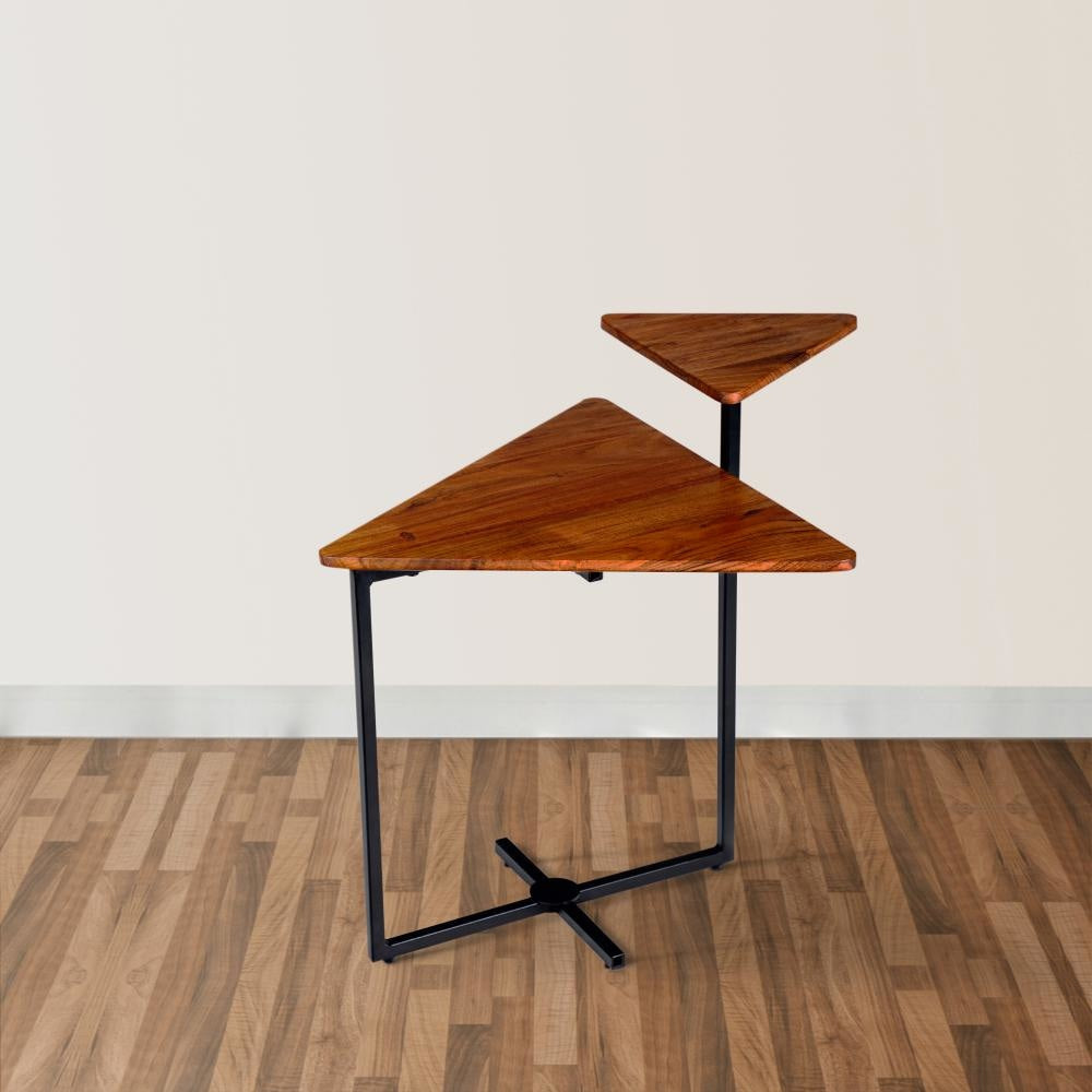 Geo Collection 21 Inch Triangular Acacia Wood Accent End Table with 2 Tier Tabletops Brown Black By The Urban Port UPT-272011