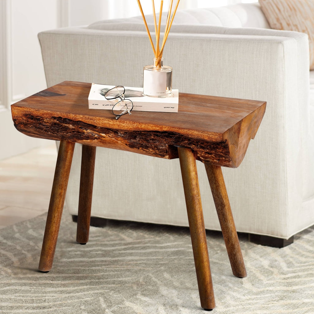 18 Inch Rectangular Mango Wood Accent Side Table with Live Edge Log Top, Warm Brown By The Urban Port