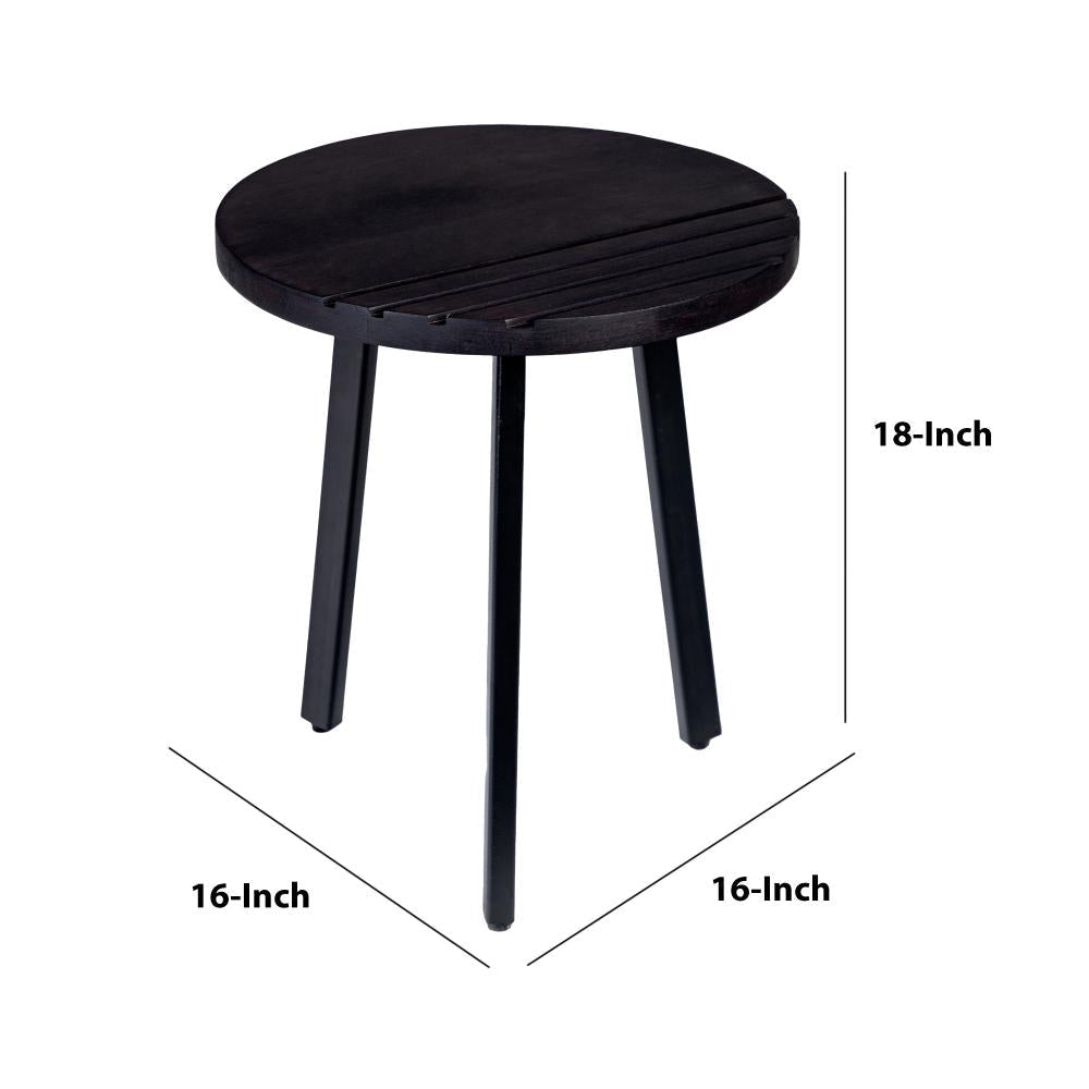 18 Inch Round Mango Wood Side End Table Grooved Design Metal Legs Black By The Urban Port UPT-272016