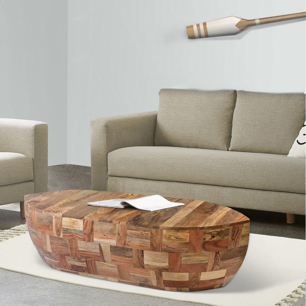 42 Inch Mango Wood Oval Canoe Shape Coffee Table Weathered Brown By The Urban Port UPT-272521