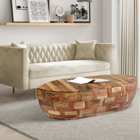 42 Inch Mango Wood Oval Canoe Shape Coffee Table, Weathered Brown By The Urban Port
