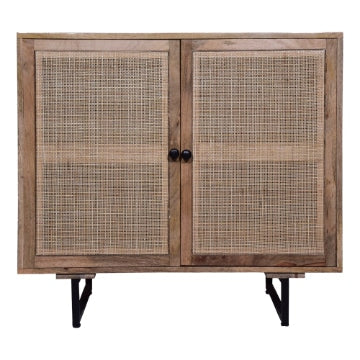 35 Inch Handcrafted Accent Cabinet with 2 Mesh Rattan Doors Black Iron Legs Natural Brown Mango Wood Frame By The Urban Port UPT-272530